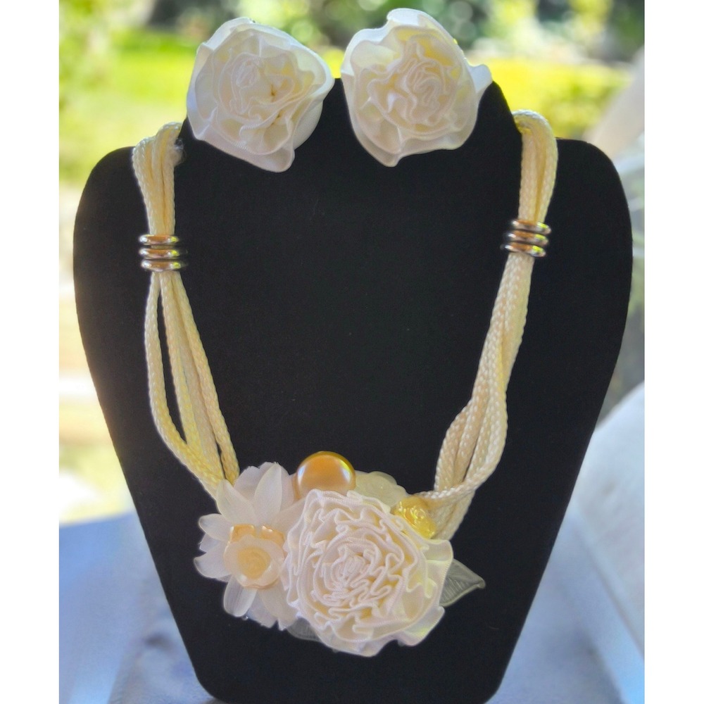 White Ivory Floral Necklace & Clip Earrings Set Satin Lucite Bridal Cottagecore